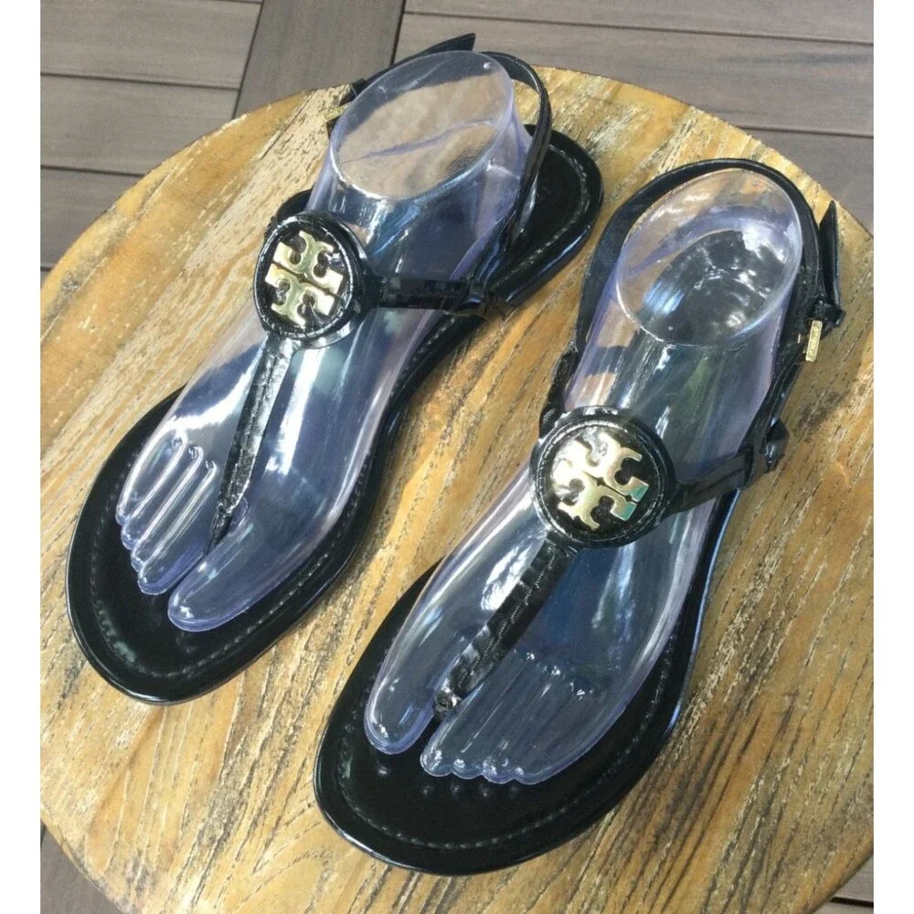 Tory Burch Dillan Black Patent Leather Flat Sandal Womens Size 10.5
